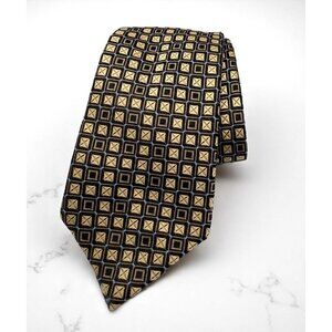 Sean John Micro Check Neck Tie Silk Black Gold Checkered Squares Blue Accents